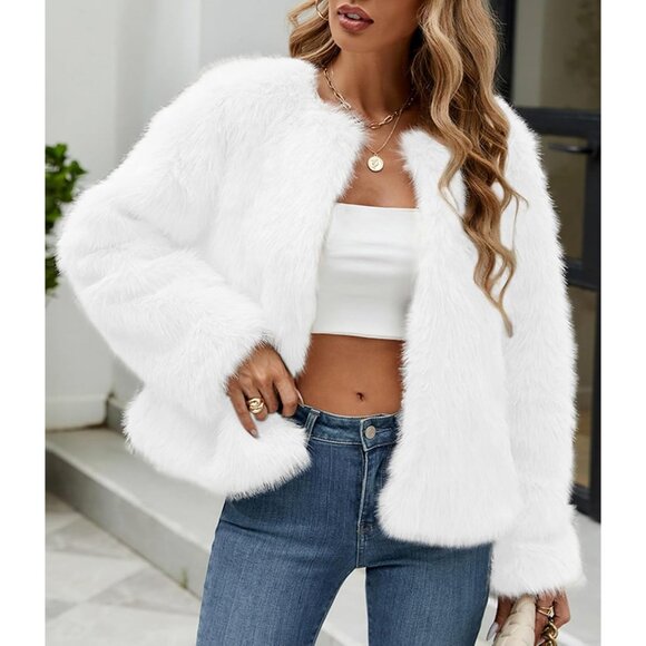 Simplee Women's Faux Fur Coat Furry Cropped Jacket Long Sleeve Warm Open Front F - Picture 2 of 6
